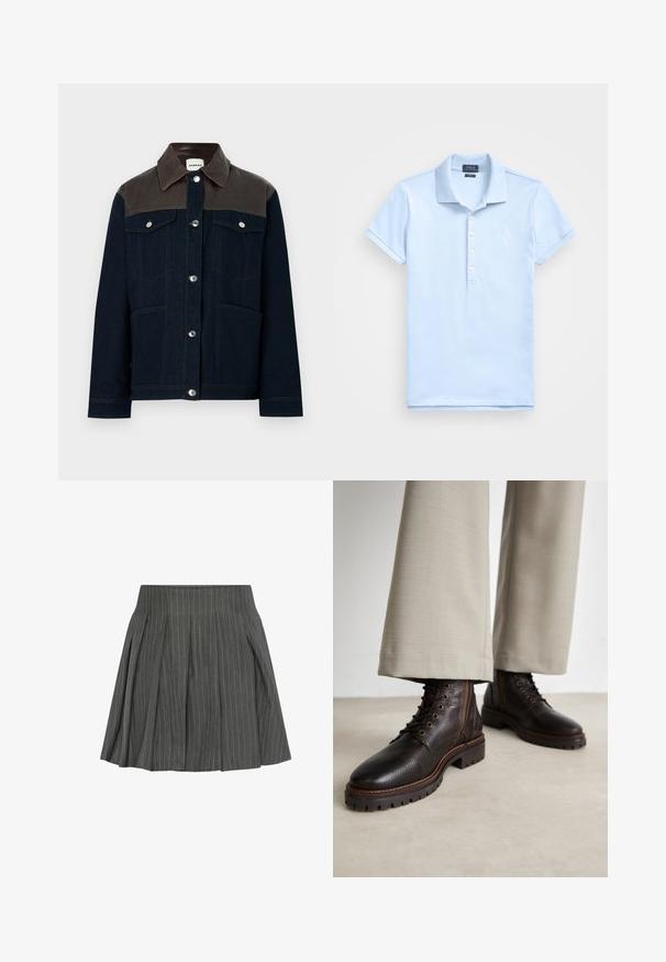 Denim jacket featuring a dark blue body, brown leather shoulder yoke, silver snaps, two chest pockets, and contrasting stitching details.; Light blue polo shirt made of soft cotton. Features a collared neck, short sleeves, three-button placket, and a small white logo on the chest.; Moves LUCILLE - Pleated skirt - castlerock; Dark brown leather boots with a textured finish, featuring lace-up design, round toe, and rugged rubber soles. Complemented by contrasting stitching.