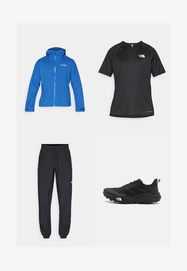 Blauwe waterdichte jas met capuchon, volledige ritssluiting aan de voorkant, elastische manchetten en het "Columbia Titanium" logo. Lichtgewicht, gladde structuur.; Zwarte sportshirt met korte mouwen van textuurstof, met een wit logo op de linkerborst en een rechte zoom.; Zwarte sportieve broek gemaakt van lichtgewicht stof, met een trekkoord in de taille, zijzakken en taps toelopende boorden bij de enkels.; Zwarte trailrunning schoen met een gestructureerde bovenkant, rubberen zool en versterkte neus. Voorzien van een gevoerde kraag en een trekhaak voor eenvoudig aan- en uittrekken.