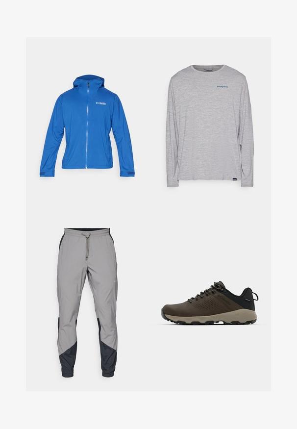Kék vízálló dzseki kapucnival, teljes elülső cipzárral, rugalmas mandzsettákkal és "Columbia Titanium" logóval. Könnyű, sima tapintású.; Világosszürke, hosszú ujjú póló, puha, texturált anyagból készült. Kerek nyakkivágással és egy kis kék Patagonia logóval rendelkezik a mellkasán.; Könnyű, szürke sportnadrág fekete részletekkel. Rugalmas derékpánt, zsinóros zárás, szabott lábszár kialakítás és oldalsó zsebek.; Barna vízálló sportcipők texturált felsőrésszel, perforált díszítésekkel, fekete saroktámasszal és szürke gumi talppal. A cipőfűzők fém végződésekkel vannak ellátva.