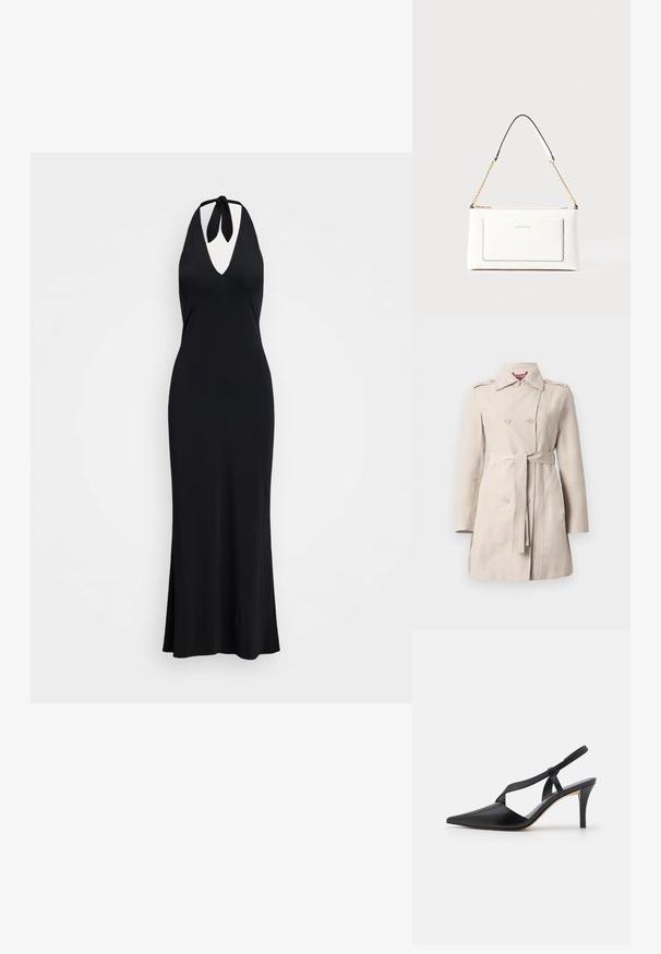 Beige trenchcoat lavet af glat stof, med en dobbeltracket front, bælte i taljen, skulderepauletter og lange ærmer.; Sort halterneck kjole med dyb V-hals, tætsiddende silhuet og en flagrende nederdel. Materialet ser glat og letvægts ud.; Sort læder slingback hæl med spids tå, crisscross stropdesign og en slank hæl for en elegant silhuet.; Hvid lædertaske med tekstureret overflade, med en guldkædetras og sorte detaljer. Indeholder en frontlomme og lynlås lukning.