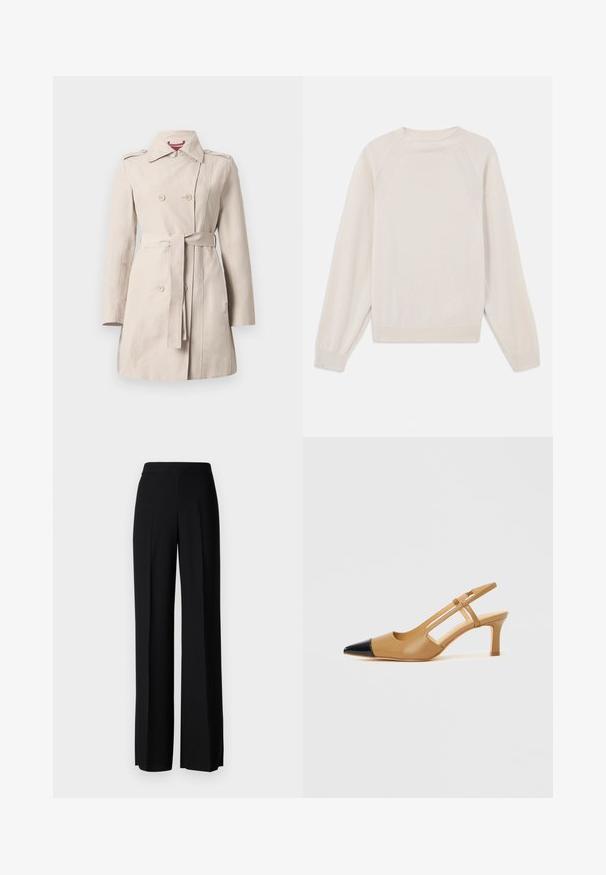 Beige trenchcoat laget av glatt stoff, med dobbeltbrystet front, beltedmidje, skulderepauleter og lange ermer.; Lys kremfarget genser laget av myk strikket stoff. Har rund hals, lange ermer, og ribbestrikkede mansjetter og kant med raglanermer.; Sorte vidde bukser med en glatt tekstur, med høy midje og sentrale folder. Ingen synlige mønstre eller maskinvaredetaljer.; Brune slingback hæler med spisser i sort tåhette, med utskårne sider og en middels høy blokkhæl. Mykt skinnmateriale.