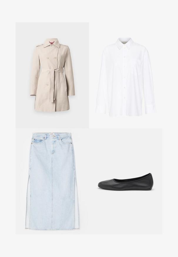 Sima felületű bézs trench coat, dupla gombolású elülső résszel, övvel ellátott derekkal, vállpántokkal és hosszú ujjakkal.; Fehér, hosszú ujjú, galléros ing, amely pamutból készült. Gombos elülső része és egyetlen mellzsebe van. Simított textúra, laza szabás.; Világoskék farmer maxi szoknya egyenes szabással, oldalsó hasítékokkal és öt zsebes kialakítással. Kiemelkedő varrás és fém gombos zárás.; Fekete bőr balettcipő lekerekített orral, sima tekstúrával, minimális varrással és rugalmas talp kialakítással.