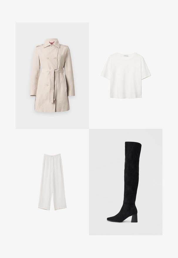 Béžový trenčkot vyrobený z hladké tkaniny, s dvojitým zapínáním vpředu, páskem v oblasti pasu, ramenními epauletami a dlouhými rukávy.; Bílý krátký rukáv tričko vyrobené z bavlny. Má kulatý výstřih a volný střih. Hladký materiál bez viditelných vzorů nebo akcentů.; Bílé široké kalhoty vyrobené z lehké tkaniny. Mají elastický pas se šňůrkou a boční kapsy. Hladká textura.; Černé semišové vysoké boty s blokovým podpatkem, špičatou špičkou a hladkým, bezšvovým designem na jednoduchém světlém pozadí.