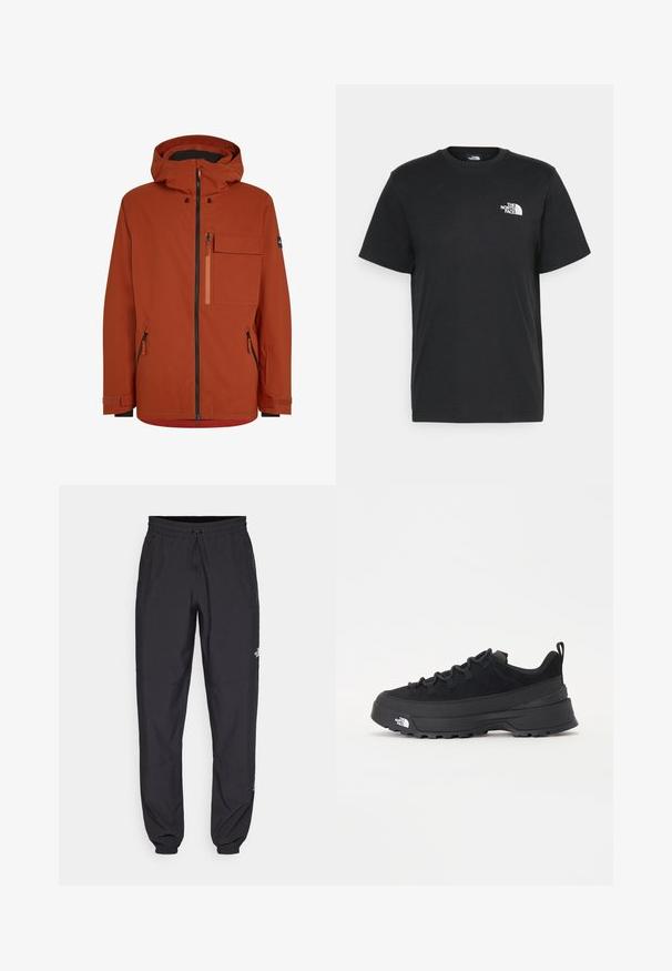 Rote Outdoor-Jacke mit Kapuze, ausgestattet mit einem Frontreißverschluss, mehreren Reißverschlusstaschen und verstellbaren Ärmelbündchen. Glattes, wasserabweisendes Material.; Schwarzes Baumwoll-T-Shirt mit kurzen Ärmeln, Rundhalsausschnitt und einem kleinen weißen Logo auf der linken Brust. Schlichtes Design, glatte Textur und lockere Passform.; Schwarze Sporthosen aus leichtem Stoff, mit einem Kordelzugbund, seitlichen Taschen und schmal zulaufenden Bündchen an den Knöcheln.; Schwarzer Outdoorsneaker mit einem Obermaterial aus Wildleder, strukturierter Gummisohle und robustem Schnürsystem. Verfügt über eine verstärkte Ferse und das Markenlogo an der Seite.