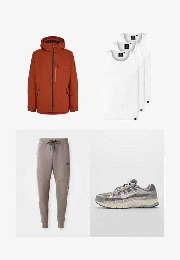 Red outdoor jacket with a hood, featuring a front zipper, multiple zippered pockets, and adjustable sleeve cuffs. Smooth, water-resistant fabric.; Three white ribbed tank tops made of cotton. Features a crew neck and small black labels near the hem. Available in multiple sizes.; Gray Nike sweatpants with a drawstring waistband, tapered legs, side pockets, and distinct seam detailing. Soft, textured fabric.; Gray athletic shoe featuring a mesh and suede upper, white accents, a cushioned sole, and a distinctive design with reflective elements.