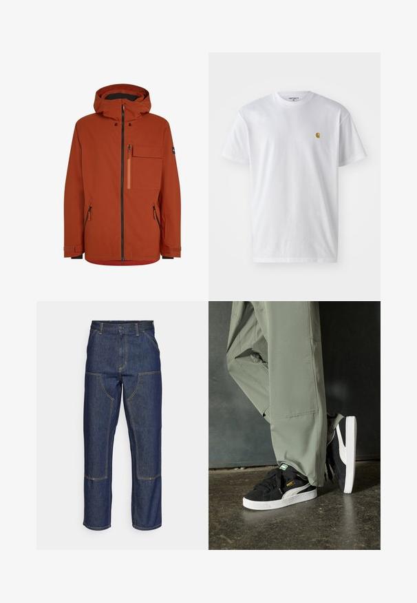 Rode buitenjas met capuchon, voorzien van een rits aan de voorkant, meerdere ritszakken en verstelbare mouwmanchetten. Glad, waterafstotend materiaal.; Witte katoenen t-shirt met korte mouwen en ronde hals, voorzien van een klein gouden logo op de linkerkant van de borst. Zachte textuur en een normale pasvorm.; Donkerblauwe denim jeans met een hoge taille, rechte pijpen, contrasterende stiksels en opgestikte zakken aan de voorkant.; Zwarte suède sneakers met witte rubberen zolen en zijstrepen, gecombineerd met lichtgroene cargobroeken, staande op een gestructureerd donker oppervlak.