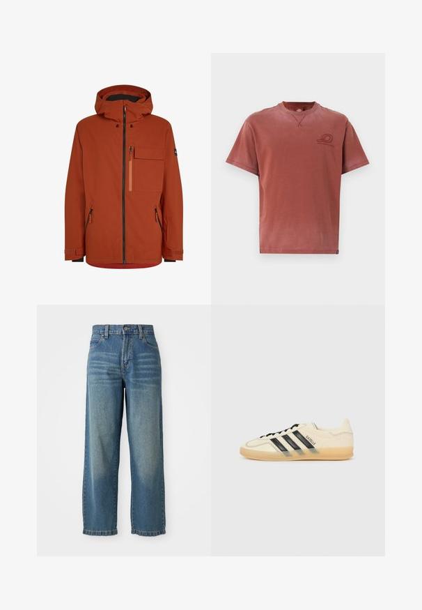 Giacca da esterno rossa con cappuccio, dotata di una cerniera frontale, numerose tasche con zipper e polsini regolabili. Tessuto liscio e resistente all'acqua.; T-shirt a maniche corte con scollo rotondo in color ruggine sbiadito, realizzato in morbido cotone con una discreta stampa del logo sul petto e dettagli di cucitura visibili.; Jeans a gamba larga in denim blu chiaro con vita alta, cinque tasche e una finitura leggermente sbiadita. Dotati di chiusura con bottone e zipper.; Sneaker di colore crema chiaro con design a tre strisce nere, tomaia testurizzata, punta rotonda e suola in gomma. Presenta lacci e branding sul lato.