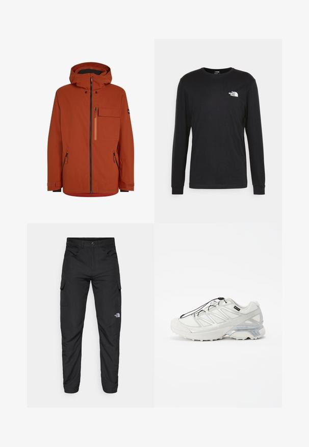 Casaco exterior vermelho com capuz, apresentando um fecho frontal com zíper, múltiplos bolsos com zíper e punhos de manga ajustáveis. Tecido liso e resistente à água.; Camisola de manga longa preta feita de algodão, com um logo branco no lado esquerdo do peito e punhos canelados. Textura suave com decote redondo.; The North Face HORIZON PANT - Calças para exterior - black; Sapato atlético branco com parte superior em malha texturizada, detalhes refletivos e sola amortecida. Apresenta atacadores elásticos e detalhes em cinza.