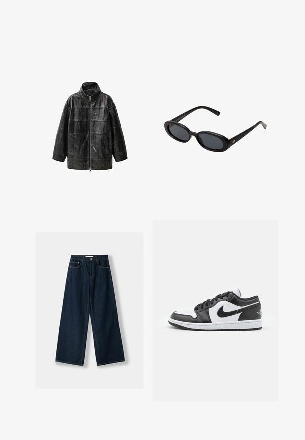 Mustat tikatut nahkatakit, joissa on pystykylki, etuvetoketjukiinnitys ja sivutaskut. Ominaisuuksina sileä pinta ja suorakulmainen kuvio.; Kermanvärinen pooloneule, joka on valmistettu pehmeästä neulekankaasta. Siinä on ribbikudotut hihansuut ja helma, rento istuvuus ja laskeutuvat olkapäät.; Tummansinisiä, leveälahkeisia farkkuja. Ominaisuuksiin kuuluu viisi taskua, nappi- ja vetoketjukiinnitys sekä kontrastoväriset ompelut.; Mustat ja valkoiset Nike matalavartiset lenkkarit, joissa on sileä nahkapinta, pyöreä kärki, nauhakiristys ja kuvioitu kumipohja.; Mustat ylisuuruiset aurinkolasit, jotka ovat soikeat linssit, sileä muovikehys ja kultaiset korostukset temppeleissä. Tummat linssit tarjoavat suojaa auringolta.