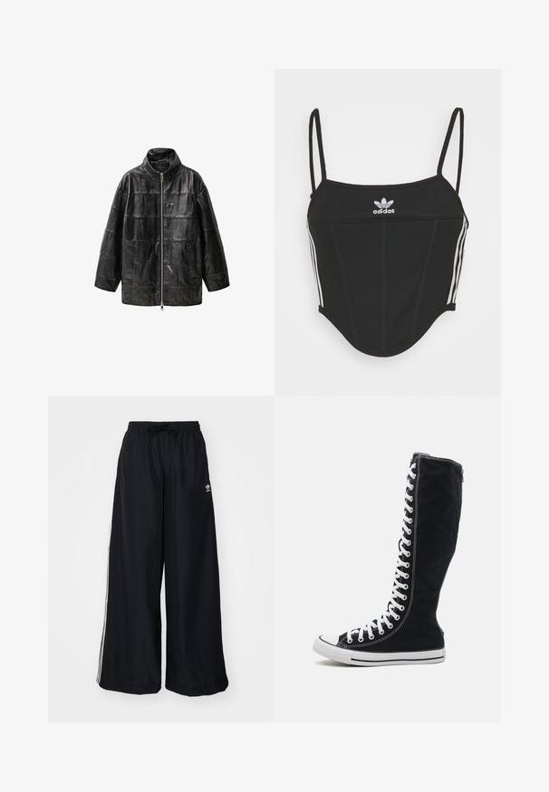 Chaqueta de cuero negra acolchada con cuello alzado, cierre frontal con cremallera y bolsillos laterales. Presenta una textura suave y un patrón rectangular.; Top corto negro con canalé y tirantes finos ajustables, que presenta tres rayas blancas a los lados y un pequeño logo de Adidas blanco en el centro.; Pantalones anchos negros hechos de tejido ligero. Cuenta con una cintura elástica con cordón y rayas laterales blancas. Logo de la marca en la cadera.; Zapatillas altas negras con un caña de lona alta, ojales blancos y cordones. Presentan una puntera de goma y suela blanca en contraste.