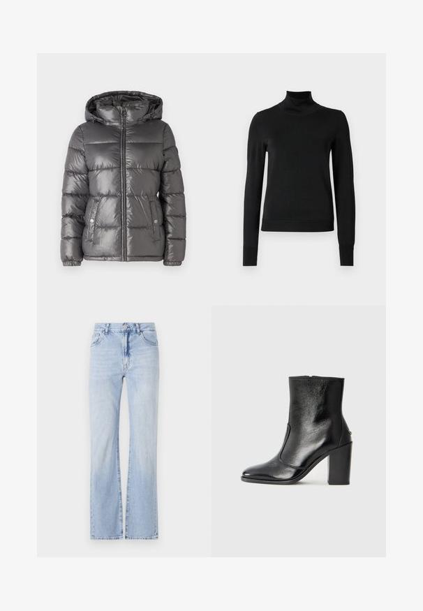 MICHAEL Michael Kors ULTRA LIGHTWEIGHT PUFFER - Zimná bunda - malachite; Čierny dlhý rukáv rolák s rebrovanými manžetami a lemom, zobrazený na čistej bielej pozadí.; Svetlo modré riedke rifle z denimu s päťvreckovým dizajnom, s pútkami na opasok a gombíkovým zapínaním. Mäkká textúra s jemným vyblednutím.; Čierna kožená kotníková obuv s hladkým povrchom, špicatou špičkou a masívnym vysokým podpätkom. Zdobená bočným otvorom a minimalistickým dizajnom.