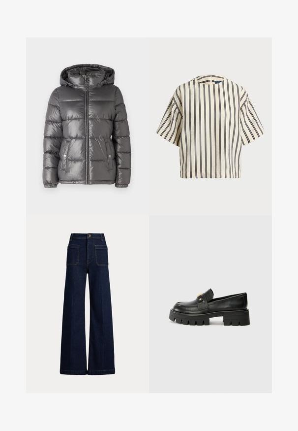 MICHAEL Michael Kors ULTRA LIGHTWEIGHT PUFFER - Jachetă de iarnă - malachite; Cămașă cu mâneci scurte, cu dungi în nuanțe de crem și bleumarin, având un decolteu rotund și un design dreptunghiular dintr-un material texturat.; Jeans din denim albastru închis, cu picioare largi și talie înaltă, design cu cinci buzunare și cusături contrastante. Prezintă un închidere cu nasture și o formă structurată.; Mocasini negri din piele cu o talpă groasă, având un accent aurit în față și un finisaj neted. Design cu ștanțare groasă pe talpă.