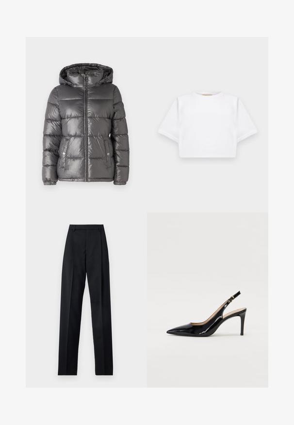 MICHAEL Michael Kors ULTRA LIGHTWEIGHT PUFFER - Vinterjacka - malachite; Klippt vit t-shirt tillverkad av mjukt tyg, med korta ärmar, rund halsringning och ribbade kantdetaljer. Enkel och utan prål design.; Svarta byxor i mjukt tyg med hög midja, vida ben, framfickor och klassiska bältesöglor. Inga sidofickor synliga.; Svart patenterat läder slingback pumps med spetsig tå, smal klack och en subtil utskärning. Har en guldbuckle på remmen.