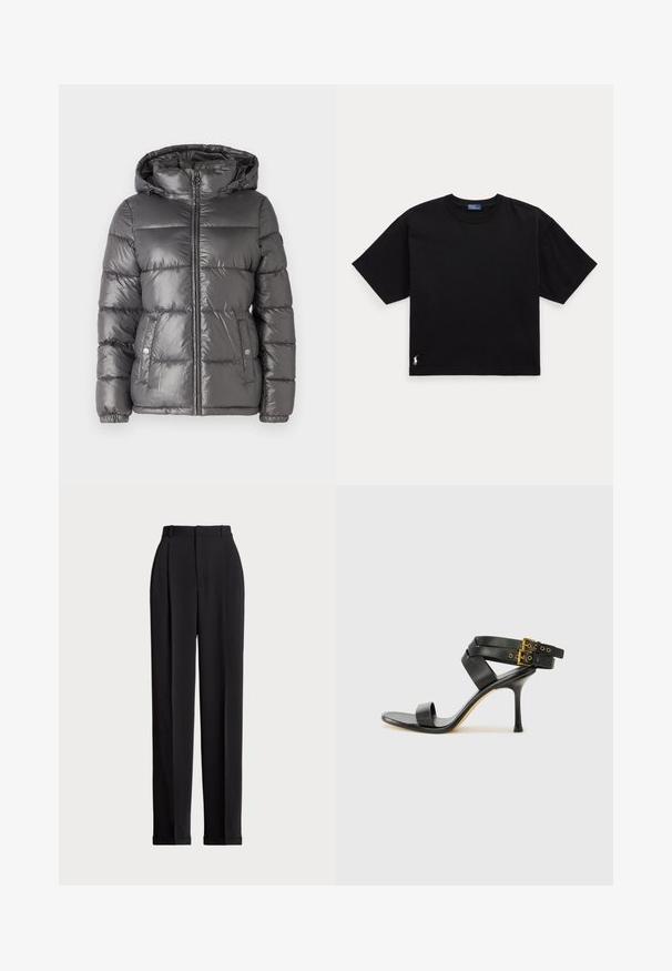 MICHAEL Michael Kors ULTRA LIGHTWEIGHT PUFFER - Zimska jakna - malachite; Črna bombažna majica s kratkimi rokavi, okroglo ovratnikom in majhnim belim logotipom na spodnjem levem delu. Klasična, kvadratna oblika z minimalnimi detajli.; Črne krojene hlače z visokim pasom, z naborki spredaj, ravnim krojem in manšetami na koncu. Narejene iz gladkega materiala.; Črne sandale na peto z križnimi trakovi in prilagodljivo zaponko. Imajo gladko teksturo in zožen peto.