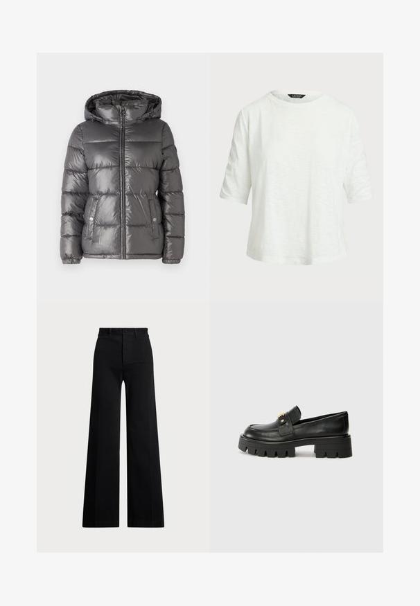 MICHAEL Michael Kors ULTRA LIGHTWEIGHT PUFFER - Winter jacket - malachite; White short-sleeve T-shirt made of lightweight fabric. Features a round neckline and a relaxed fit with a subtle textured pattern.; Black wide-leg pants made of woven fabric, featuring a high waist, front button closure, and side pockets. Smooth texture with clean lines.; Black leather loafers with a chunky sole, featuring a gold-tone accent on the front and a smooth finish. Chunky tread design on the sole.