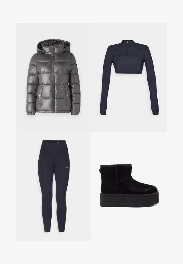 MICHAEL Michael Kors ULTRA LIGHTWEIGHT PUFFER - Zimska jakna - malachite; Morsko plava dugouhla kratka majica dugih rukava s lažnim ovratnikom i četvrtim zatvaračem, koja ima strukturirane ramene panele i kroj koji prianja.; Crne tajice s visokim strukom, izrađene od rastezljivog materijala, s malim bijelim logotipom na bedru i glatkom teksturom.; Crne nubuk čizme do gležnja s debelim platformastim đonom i mekanom podlogom. Završene naglascima šivanja i stražnjim petljom za jednostavno obuvanje.