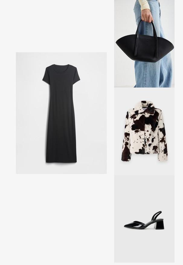 Giacca in pelliccia sintetica di colore crema e marrone scuro, caratterizzata da un motivo a macchie di mucca, un ampio colletto e una forma boxy con maniche lunghe.; Abito lungo nero a maniche corte con scollatura a girocollo, realizzato in tessuto morbido, disteso su uno sfondo bianco.; Décolleté in vernice nera con punta affusolata e tacco in geometria cubica. Presentano un design elegante e minimalista, con una texture liscia.; Borsa a tracolla in pelle nera con una forma a ventaglio unica, dotata di manici piatti. La superficie presenta una texture a ciottoli e un design minimalista.