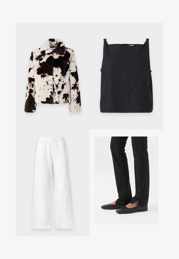 Mākslīgās ādas jaka krēmkrāsā un tumšā brūnā tonī, ar liellopu rakstu, plašu apkakli un kvadrātveida formu ar garām piedurknēm.; Melna, bez piedurknēm augšdaļa, izgatavota no viegla materiāla. Kastes formas dizains ar apaļu kakla izgriezumu un šaurām plecu siksniņām. Gluda tekstūra, minimāla apdare.; Baltas lina platās bikses ar elastīgu jostasvietu un auklu, ar sānu šuvēm un gludu tekstūru. Nav kabatu.; Melni ādas baleta zābaki ar smailo purngalu, siksniņa ar sudraba sprādzi, kombinēti ar melniem tailētiem biksēm ar šķēluma apakšdaļu.