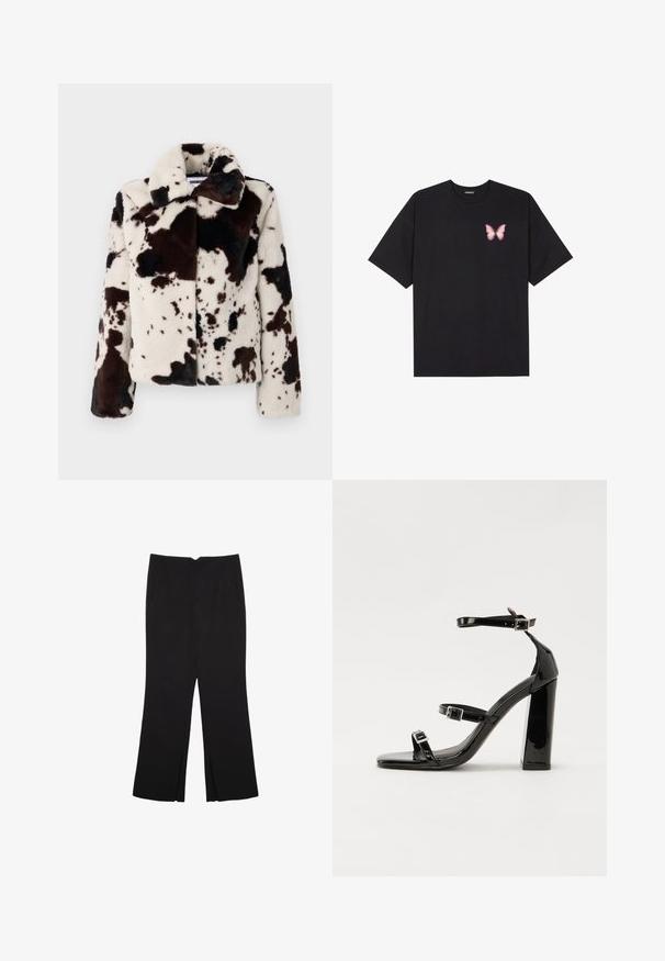 Faux fur jacket in cream and dark brown, featuring a cow print pattern, a wide collar, and a boxy shape with long sleeves.; Black cotton t-shirt with short sleeves, featuring a small pink butterfly graphic on the left chest. Crew neck design with a relaxed fit.; Black trousers with a straight fit, featuring front pockets and side slits at the hem. Made of soft, smooth fabric. Suitable for various occasions.; Black patent heeled sandals with a square toe, ankle straps, and silver buckles. Features a chunky block heel for stability.