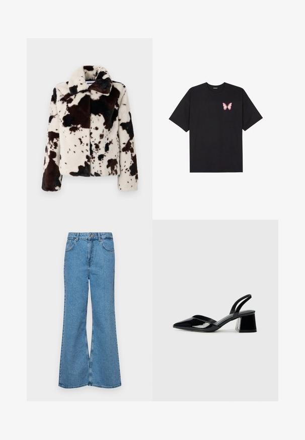 Krzno od umjetne kože u krem i tamno smeđoj boji, s uzorkom kravljih točkica, širokim ovratnikom i kutnim oblikom s dugim rukavima.; Crna pamučna majica s kratkim rukavima, s malim grafičkim prikazom ružičaste vjetricaste s desne strane na prsima. Dizajn s okruglim izrezom i opuštenim krojem.; Svijetloplave traperice s flared nogavicama, visokog struka, s pet džepova i jednim dugmetom za zatvaranje. Mekani materijal s izblijedjelim izgledom.; Crne lakirane kožne sandale s otvorenom petom i špicastim vrhom, s geometrijskom blok petom. Imaju elegantan, minimalistički dizajn i glatku teksturu.