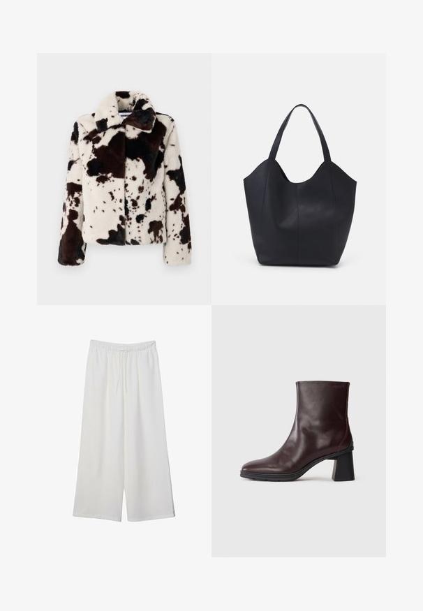 Faux-Fur-Jacke in Creme und Dunkelbraun mit einem Kuhfellmuster, breitem Kragen und einer kastigen Form mit langen Ärmeln.; Weißes T-Shirt mit kurzen Ärmeln und Rundhalsausschnitt, aus weicher Baumwolle gefertigt, mit einem schlichten, sauberen Design ohne sichtbare Muster oder Akzente.; Weiße, weit geschnittene Hosen aus leichtem Stoff, mit einem elastischen Bund und einem Zugband für eine verstellbare Passform. Glatte Textur.; Dunkelbraune Lederstiefelette mit Blockabsatz und runder Zehenpartie, präsentiert auf einem schlichten hellgrauen Hintergrund.; Schwarze Tote-Bag aus glattem Leder, mit einem abgerundeten, offenen Oberteil, zwei Schulterträgern und einem minimalistischen Design.