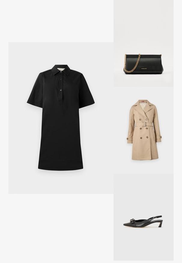 Bež trench kaput s dvostrukim kopčanjem, širokim reverima, strukom s remenom i kopčama na rukavima; izrađen od glatkog materijala.; Crna haljina kratkih rukava s kragnom, kopčanjem na gumbi i ravnim siluetom. Napravljena od lagane tkanine s glatkom teksturom.; Crne kožne sandale s remenčićem i šiljastim vrhom, malim potpeticama i dekorativnom kopčom na gornjem dijelu. Glatka tekstura, minimalistički dizajn.; Crna kožna torbica sa zlatnim lančićem, koja se odlikuje glatkom teksturom, pravokutnim oblikom i utisnutim brendom na prednjoj strani.