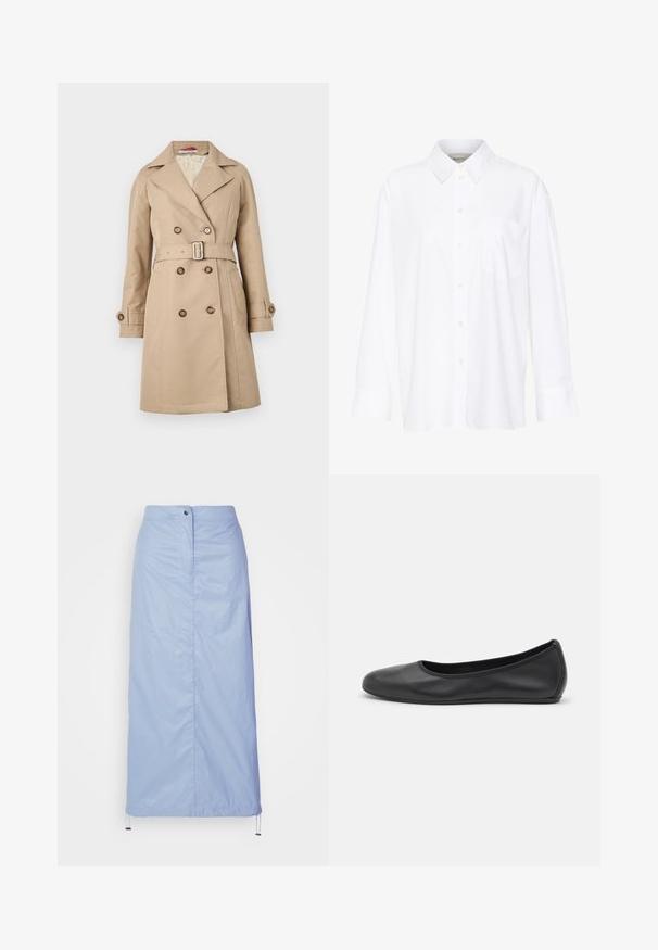 Manteau beige avec un design croisé, de larges revers, une taille ceinturée et des poignets boutonnés ; fabriqué à partir d'un tissu lisse.; Chemise blanche à manches longues avec col, en coton. Présente un devant à boutons et une poche poitrine unique. Texture lisse, coupe décontractée.; Jupe bleu clair, de longueur intermédiaire, en matériau léger et lisse avec une coupe droite, dotée d'une fermeture à boutons à l'avant et d'un ourlet à cordon.; Ballerines en cuir noir avec un bout rond, texture lisse, détails de couture minimalistes et design de semelle flexible.