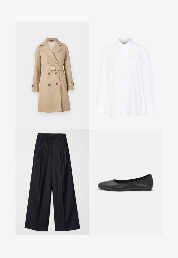Beige trench coat med dubbelknäppning, breda slag, midjebälte och knäppningar vid ärmsluten; tillverkad av ett slätt tyg.; Vit långärmad skjorta med krage i bomull. Har en knapp-down fram och en enda bröstficka. Slät textur, avslappnad passform.; Svarta vida byxor i slät tyg, med hög midja, veck och skräddarsydd design. Enkel svart detalj vid midjan.; Svart läderballerinaskor med rund tå, slät yta, minimala söm detaljer och en flexibel sula.
