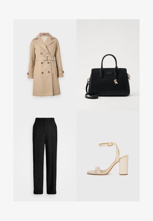 Gabardina beige con un diseño de doble botonadura, amplios solapas, cintura ceñida con cinturón y puños abotonados; fabricada con un tejido suave.; Top de manga corta a rayas en crema y azul marino, con cuello redondo y un diseño cuadrado, confeccionado en una tela texturizada.; Polo Ralph Lauren HIGH RISE RELAXED STRAIGHT TROUSER - Pantalones - black; Sandalia de tacón alto beige con punta cuadrada, tira delgada en el tobillo y tacón ancho. Textura de cuero suave con un detalle de hebilla dorada.; Bolso de piel negra con diseño estructurado, doble asa superior, correa de hombro desmontable, herrajes dorados y un charm de logo como acento.