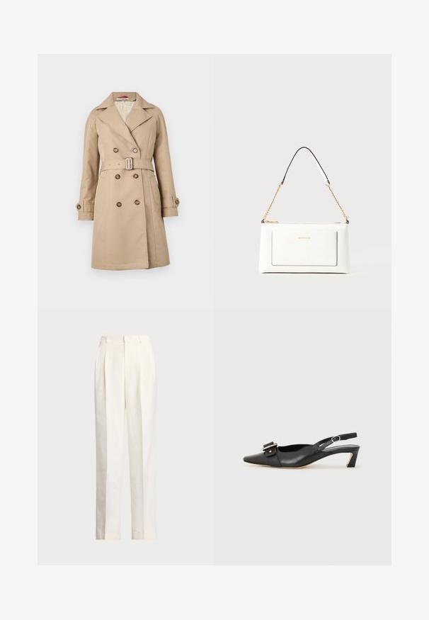 Palton bej cu design dublu încheiat, rever larg, talie cu curea și manșete cu nasturi; realizat dintr-un material neted.; Pulover alb fără mâneci, realizat din bumbac moale, cu un tiv crenelat și un mic logo bleumarin în colțul din stânga jos. Design simplu, fără modele.; Polo Ralph Lauren HEMP WIDE LEG PANT - Pantaloni - nevis; Pantofii negri din piele cu toc mic, vârf ascuțit și detaliu decorativ cu cataramă pe partea superioară. Textură netedă, design minimal.; Geantă de mână din piele albă cu un finisaj texturat, având o curea din lanț aurie și accente negre. Include un buzunar frontal și închidere cu fermoar.