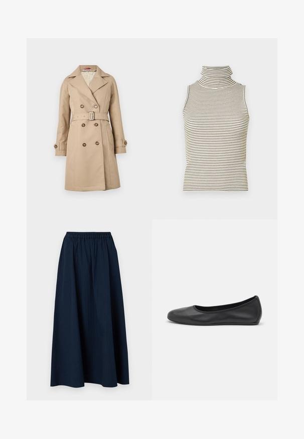 Vaaleanbeige trench-takki, jossa on kaksirivinen malli, leveät kaulukset, vyötärölle sidottu vyö ja napitettavat hihat; valmistettu sileästä kankaasta.; Hihaton poolopaita, jossa on pystysuorat mustat ja valkoiset raidat, valmistettu teksturoidusta neulekankaasta, ja siinä on korkea, tiukka kaulus.; Laivastonsininen, kokopitkä hame, joka on valmistettu tekstuurillisesta kankaasta ja jossa on joustava vyötärö ja hienovaraiset pystysuorat raidat.; Musta nahkainen ballerina, jossa on pyöristetty kärki, sileä pinta, minimaalinen ommelkoristelu ja joustava pohjamuotoilu.