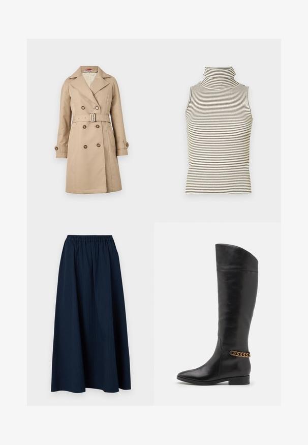 béžový trenčkot s dvouřadovým zapínáním, širokými klopami, pásem v pase a knoflíkovými manžetami; vyrobený z hladkého materiálu.; Top bez rukávů s vysokým, těsným rolákem a vertikálními černobílými pruhy, vyrobený z texturované pleteniny.; Námořnická modrá, dlouhá sukně vyrobená z texturované látky s elastickým pasem a jemnými vertikálními pruhy.; Vysoké černé kožené boty s elegantním designem, špičatou špičkou a zlatým řetízkem na kotníku. Nízký blokový podpatek. Hladká textura.