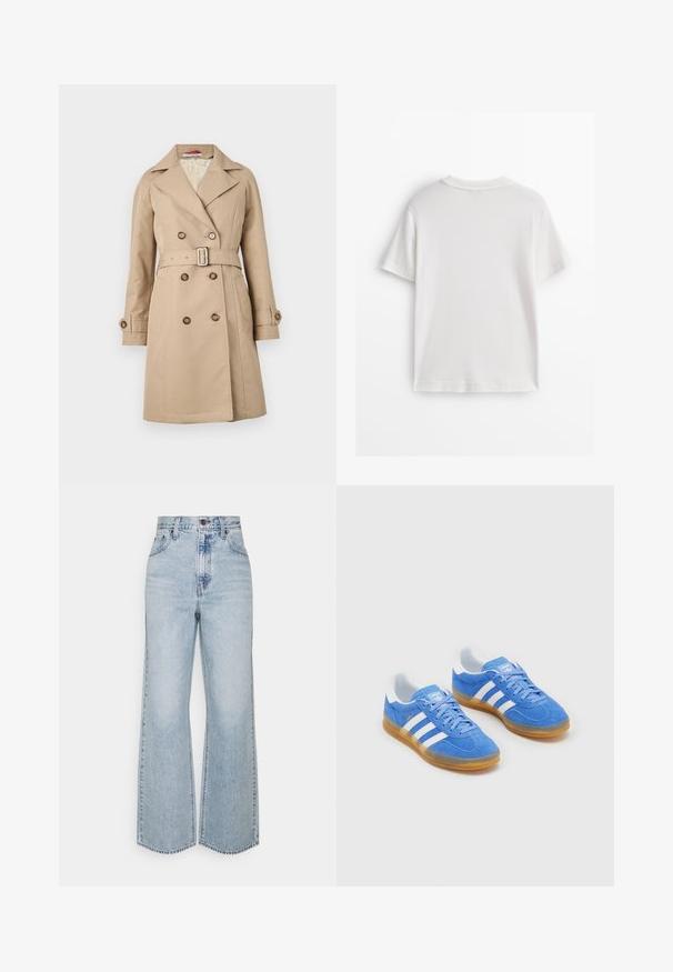 Cappotto trench beige con un design doppiopetto, ampi revers, vita con cintura e polsini abbottonati; realizzato in un tessuto liscio.; Maglietta bianca in cotone con maniche corte, collo rotondo e tessuto liscio. Il retro è semplice, senza motivi o disegni aggiuntivi.; Jeans a gamba larga in denim azzurro chiaro con vita alta, design classico a cinque tasche e cuciture a contrasto. Dettaglio con orlo grezzo sul fondo.; Scarpe sportive blu in suede con dettagli bianchi a strisce, suola in gomma e colletto imbottito per il comfort. Presentano un classico design con lacci.