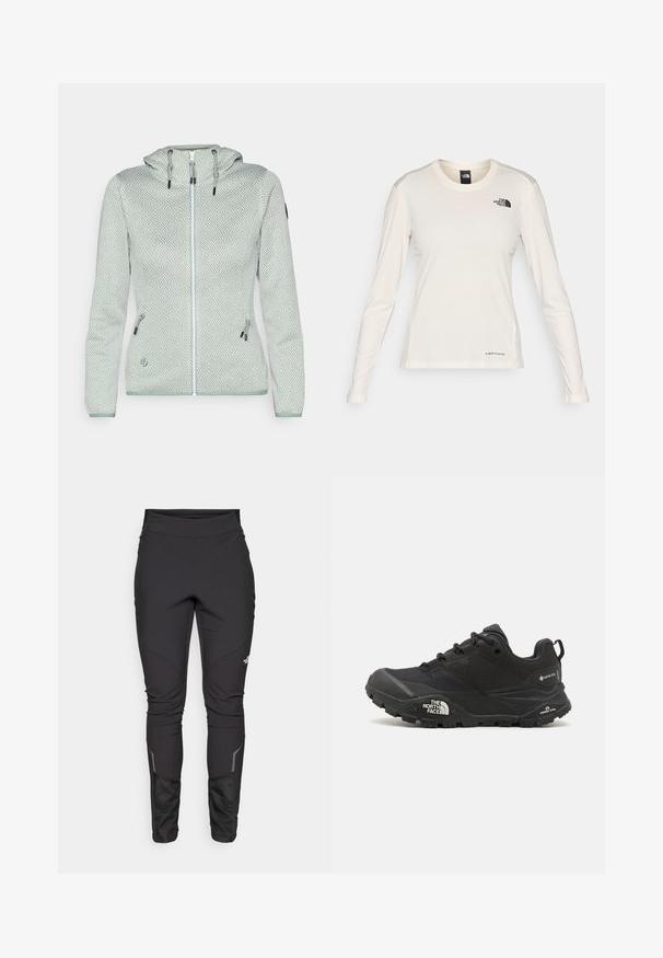 Giacca con cappuccio di colore verde chiaro con motivo geometrico, chiusura a zip frontale e due tasche laterali. Presenta cordini regolabili e tessuto testurizzato.; The North Face SHADOW LONG SLEEVE - Maglietta a manica lunga - white dune; Pantaloni neri outdoor caratterizzati da un design aderente, un tessuto resistente, dettagli riflettenti e cuciture a pannello per una maggiore mobilità e comfort.; Scarpa da trekking nera con una tomaia texturizzata, chiusura con lacci e una suola di gomma spessa che presenta un logo prominente sul lato e disegni del battistrada.
