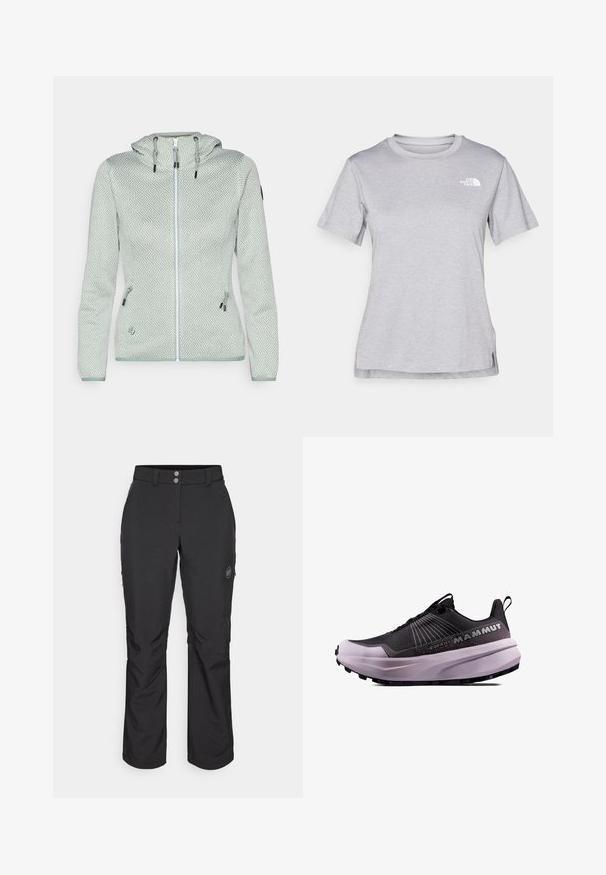 Kapuzenshirt in Hellgrün mit einem geometrischen Muster, Reißverschluss vorne und zwei Seitentaschen. Mit verstellbaren Kordeln und strukturiertem Stoff.; Graues T-Shirt mit kurzen Ärmeln aus weichem, feuchtigkeitsableitendem Stoff. Hat einen Rundhalsausschnitt und ein kleines weißes Logo auf der oberen linken Seite.; Schwarze Outdoor-Hosen mit geradem Schnitt, Knopfverschluss, seitlichen Reißverschlusstaschen und einem Logo-Patch auf dem linken Oberschenkel.; Schwarzer und lila Trailrunning-Schuh mit strukturiertem Obermaterial, gepolsterter Sohle und auffälligem Logo. Verfügt über ein Schnürdesign und langlebiges Profil.
