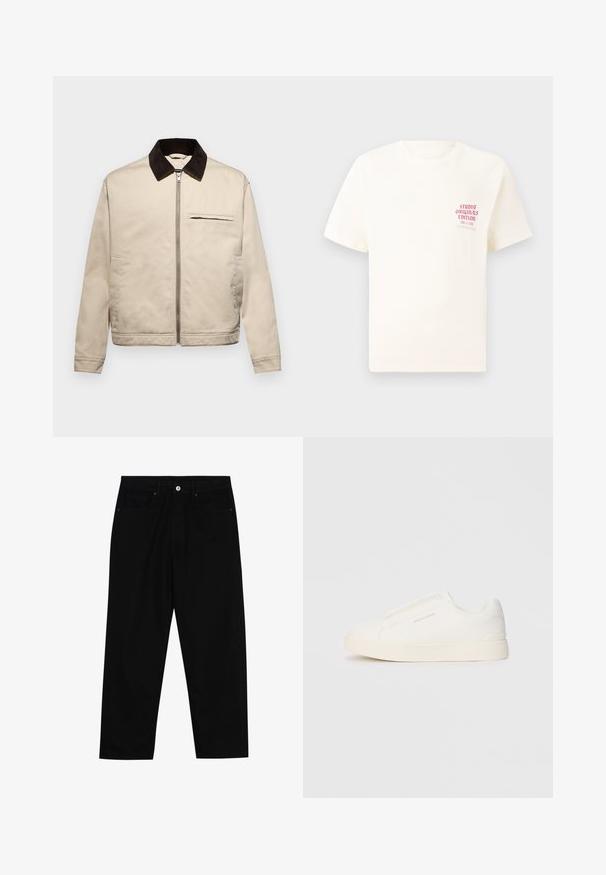 Abercrombie & Fitch CROPPED - Jachetă de vară - reimagined stone; Tricou alb cu mânecă scurtă, având text roșu "Studio Originals Edition" pe partea stângă a pieptului, expus pe un fundal gri neutru.; Pantaloni negri din denim cu croială dreaptă, design cu cinci buzunare și închidere frontală cu nasture. Textură netedă cu detalii de cusătură minime.; Tenisi albi slip-on cu o suprafață texturată, talpă groasă și un design minimalist. Prezintă logo-ul brandului pe lateral.