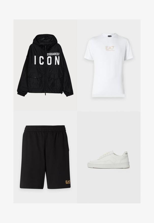 Giacca a vento nera con cappuccio, con il testo bianco "DSQUARED2 ICON" sul davanti, due tasche frontali e polsini elasticizzati.; T-shirt bianco in cotone con scollatura rotonda e maniche corte, con il logo oro EA7 Emporio Armani stampato sul fronte.; Pantaloni sportivi neri realizzati in tessuto morbido, con vita elastica e un piccolo logo EA7 giallo sulla parte bassa della gamba sinistra.; Sneaker in pelle bianca con una finitura liscia, punta rotonda, lacci piatti e suola testurizzata. Presenta un logo discreto sul tallone.