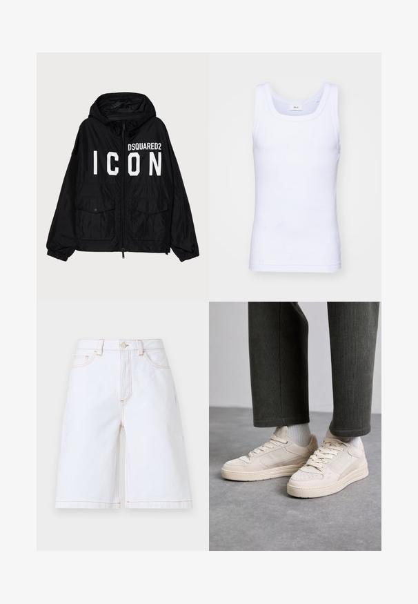 Zwarte windbreakerjack met capuchon, voorzien van witte "DSQUARED2 ICON" tekst aan de voorkant, twee voorzakken en elastische manchetten.; Witte katoenen mouwloze tanktop met een ronde halslijn, met een gladde textuur en een aansluitende pasvorm, ontworpen voor casual gebruik.; Witte denim shorts met een rechte snit, vijf zakken en contrasterende tan stiksels. Inclusief een sluiting met een knoop en ritssluiting aan de voorkant.; Beige sneakers van suede en mesh, met geperforeerde accenten, platte veters en een dikke zool. Dragen met groene corduroy broek.