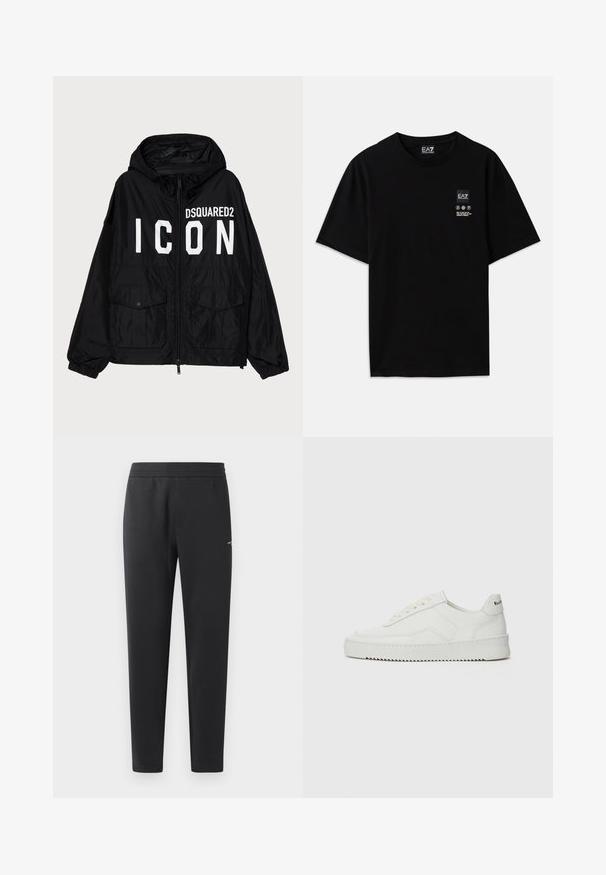 Černá větrovka s kapucí, na přední straně s bílým textem "DSQUARED2 ICON", dvěma předními kapsami a elastickými manžetami.; Černé bavlněné tričko s krátkými rukávy, kulatým výstřihem a malou etiketu s logem na přední straně, která obsahuje bílé symboly péče.; Černé joggingové kalhoty vyrobené z měkké tkaniny, s elastickým pasem, rovnými nohavicemi a malým logem na boku.; Bílé kožené tenisky s hladkým povrchem, kulatou špičkou, plochými tkaničkami a texturovanou podrážkou. Na patě se nachází nenápadné logo.