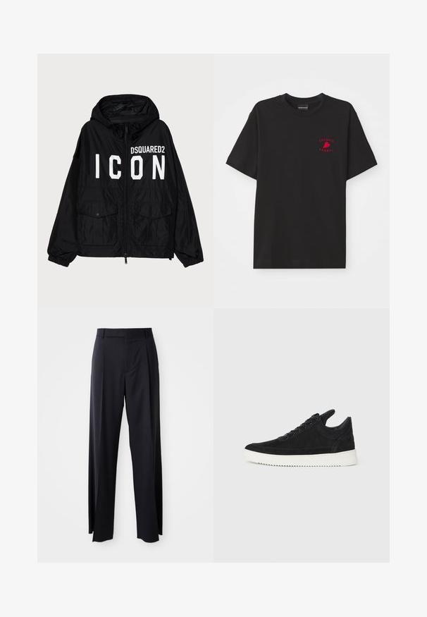 Črna jakna z vetrovko in kapuco, ki ima spredaj belo besedilo "DSQUARED2 ICON", dve sprednji žepi in elastične manšete.; Črna bombažna majica z okroglo ovratnikom in kratkimi rokavi; ima rdeče vezeno logotip "Emporio Armani" in srce na prednjem delu.; Črne hlače visoke pasu s širokimi nogavicami, narejene iz gladkega blaga. Imajo sprednje gube in zanko za pas. Minimalističen dizajn, brez vidnih dodatkov.; Črne semiš športne copate z belo gumijasto podplatom, ki imajo toneče šive in vezalni dizajn. Gladka tekstura z modernim, poenoteno oblikovano silhueto.