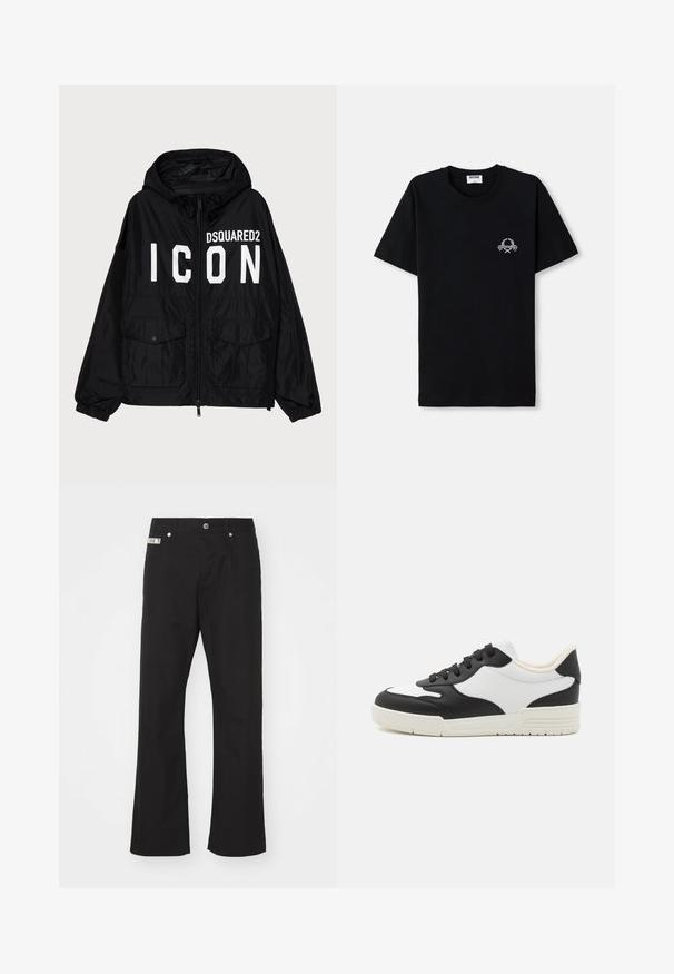 Juodas vėjui atsparus švarkas su kapišonu, su baltu tekstu "DSQUARED2 ICON" priekinėje pusėje, dviem priekinėmis kišenėmis ir elastingomis rankogaliais.; Juodas medvilnės marškinėliai su apvalia iškirpte. Su mažo balto grafikos dizaino elementu krūtinėje. Trumpomis rankovėmis ir tiesiu pašonu.; Juodos medvilnės kelnės su tiesiomis kojomis, su priekine mygtukų uždarymo sistema, dviem šoninėmis kišenėmis ir maža prekės ženklo etikete ant liemens.; Juoda ir balta sportinė avalynė su lygiu odiniu viršumi, apvaliu nosiu ir plokščiu guminiu padu. Įrengti juodi raišteliai ir švelni vidinė pamušalas.