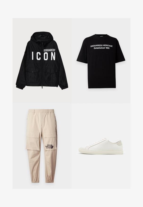 Black windbreaker jacket with a hood, featuring white "DSQUARED2 ICON" text on the front, two front pockets, and elasticized cuffs.; Black short-sleeve t-shirt in cotton with a crew neck, featuring white text: "DSQUARED2 HERITAGE Established 1995" on the front.; Beige cargo pants made of lightweight fabric, featuring an elastic waistband, zip pockets, and a printed logo on the left leg.; White leather sneaker with a smooth surface, round toe, and minimalistic design. Features beige accents on the heel and a rubber sole.
