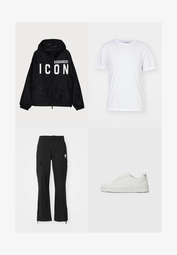 Giacca a vento nera con cappuccio, con il testo bianco "DSQUARED2 ICON" sul davanti, due tasche frontali e polsini elasticizzati.; T-shirt bianco in cotone con scollo rotondo, maniche corte e taglio dritto. Senza stampe o decorazioni, texture liscia e design semplice.; Pantaloni cargo neri a gamba dritta con chiusura a bottone, tasche laterali con pattina e piccolo logo bianco sulla coscia destra.; Sneaker in pelle bianca con una finitura liscia, punta rotonda, lacci piatti e suola testurizzata. Presenta un logo discreto sul tallone.