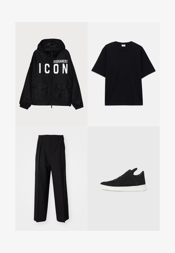 Juodas vėjui atsparus švarkas su kapišonu, su baltu tekstu "DSQUARED2 ICON" priekinėje pusėje, dviem priekinėmis kišenėmis ir elastingomis rankogaliais.; Juodas trumpas rankovėmis per didelis marškinėliai su apvaliu iškirpimu ir matoma Filippa K prekės ženklo etiketė vidinėje apykaklės pusėje.; Juodi klostuoti kelnių, su tiesiu, plačiu kojų dizainu. Pagaminti iš lygios medžiagos, su mygtukų uždarymu ir diržo kilputėmis.; Juodų suede sportbačių su balta gumine padu, su toniniais siuvinėjimais ir raištelių užsegimu. Sklandus paviršius su šiuolaikine, laiko forma.