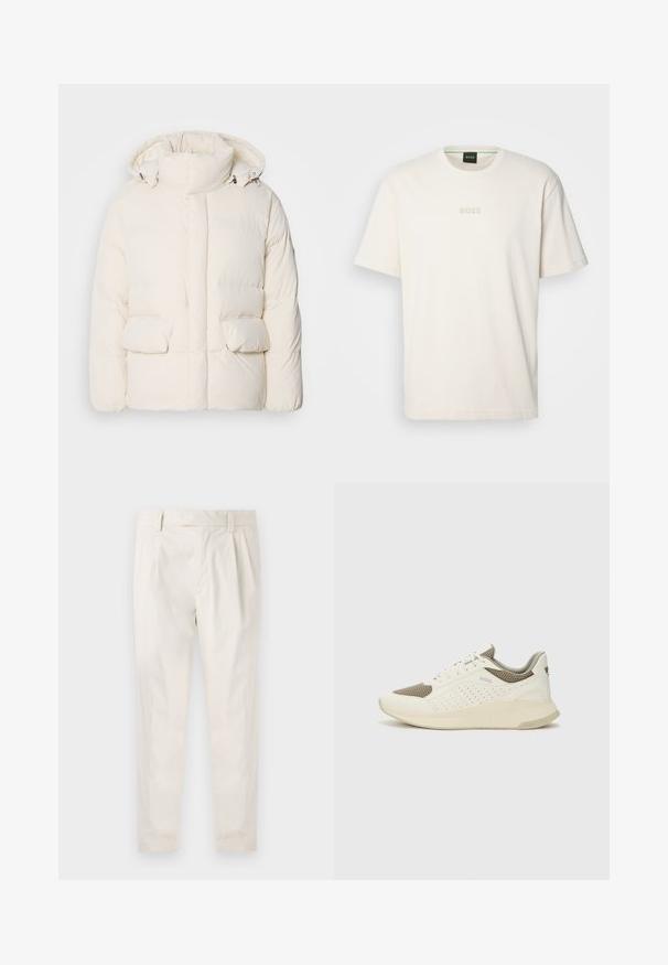 Pehmea valge jakk, millel on kõrge krae, kaks esikotti ja sile tekstuur, mis kinnitub tõmblukuga. Kerge ja isoleeritud disain.; BOSS TEE - Lihtne T-särk - open white; Valged volditud püksid, mis on kohandatud sobivusega, sujuva tekstuuriga, vööloopidega ja kitsenevate jalgadega. Pole nähtavaid taskuid ega mustreid.; Valge ja heledat beeži värvi spordijalats, millel on õhuke võrkmaterjal, perforatsioonidega detailid ning tekstuuriga vahetald, millel on brändi logo kannaosas.