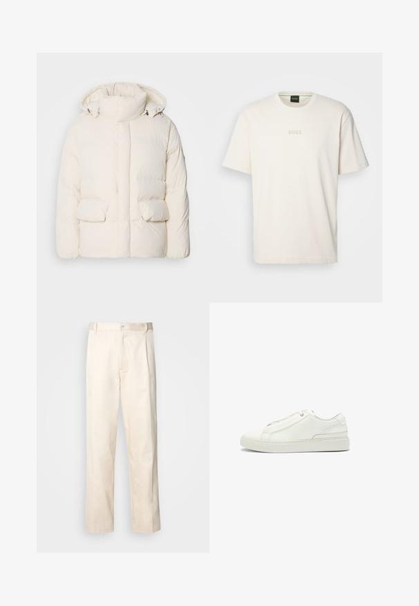 Giacca bianca imbottita con colletto alto, due tasche frontali e una texture liscia con chiusura a zip. Design leggero e isolante.; BOSS TEE - T-shirt basic - open white; Pantaloni in cotone beige con taglio dritto, dotati di chiusura a bottone e pence sul davanti per un tocco di dettaglio in più.; Sneaker bianca in pelle con tomaia testurizzata, punta tonda, design minimalista e suola in gomma con dettagli cuciti.