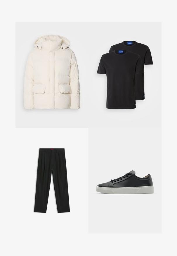 Witte gewatteerde jas met een hoge kraag, twee voorzakken en een gladde textuur met een ritssluiting. Lichtgewicht en geïsoleerd ontwerp.; Twee zwarte katoenen T-shirts met ronde hals, korte mouwen en blauwe "HUGO" labels op de kragen en zijsplitten.; Zwarte broek met een geplooid ontwerp, wijde pijpen en een zachte textuur. Voorzien van een rode taillebandlabel.; Zwarte leren sneaker met een gladde textuur, ronde neus en zwarte veters. Heeft een dikke, witte rubberen zool met subtiele geometrische accenten.