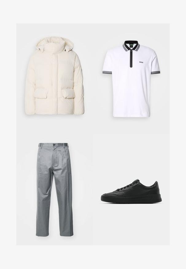 Casaco branco acolchoado com colarinho alto, dois bolsos frontais e uma textura suave com fecho de correr. Design leve e isolado.; Camisa polo branca com gola e punhos em preto e cinza, fecho de zip, e logótipo bordado "BOSS" no lado esquerdo do peito.; Calças em mistura de algodão cinza com um design de perna reta, apresentando um fecho frontal com botão, passantes para cinto e bolsos laterais.; Sapatilha preta com parte superior em couro liso, bico arredondado, cadarços planos, colarinho almofadado e design minimalista. Sola de borracha com padrão de tração discreto.
