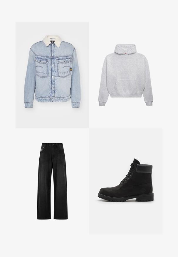 G-STAR DAKOTA JACKET - Jakna iz džinsa - sun faded cloudburst; Svetlo siva pulover majica s kapuco, izdelana iz mešanice mehkega bombaža. Ima kenguru žep, rebraste manšetne in kapuco z vrvico v minimalističnem dizajnu.; Široke črne denimske hlače z visokim pasom, ki imajo štiri žepke in majhno oznako na sprednji strani. Gladka tekstura, osnovna zasnova.; Črne čipkaste gležnjarje z oblazinjeno obrobo in trdim podplatom, prikazane v profilu na beli podlagi.