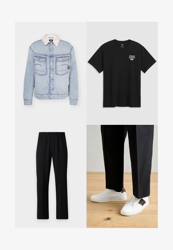 G-STAR DAKOTA JACKET - Jachetă din denim - sun faded cloudburst; Tricou negru din bumbac, cu un imprimeu pe piept care spune "PLANTE DE CASĂ" cu un font alb stilizat, având "Levi's" dedesubt. Decolteu clasic tip crew.; Pantaloni negri cu talie elastică, cu un design cu picioare drepte, având o textură netedă și fără modele sau accesorii vizibile.; Sneakers albe cu textură netedă, având accente din piele maro și detalii negre, asociate cu pantaloni negri pe măsură. Fundal din podea din lemn.